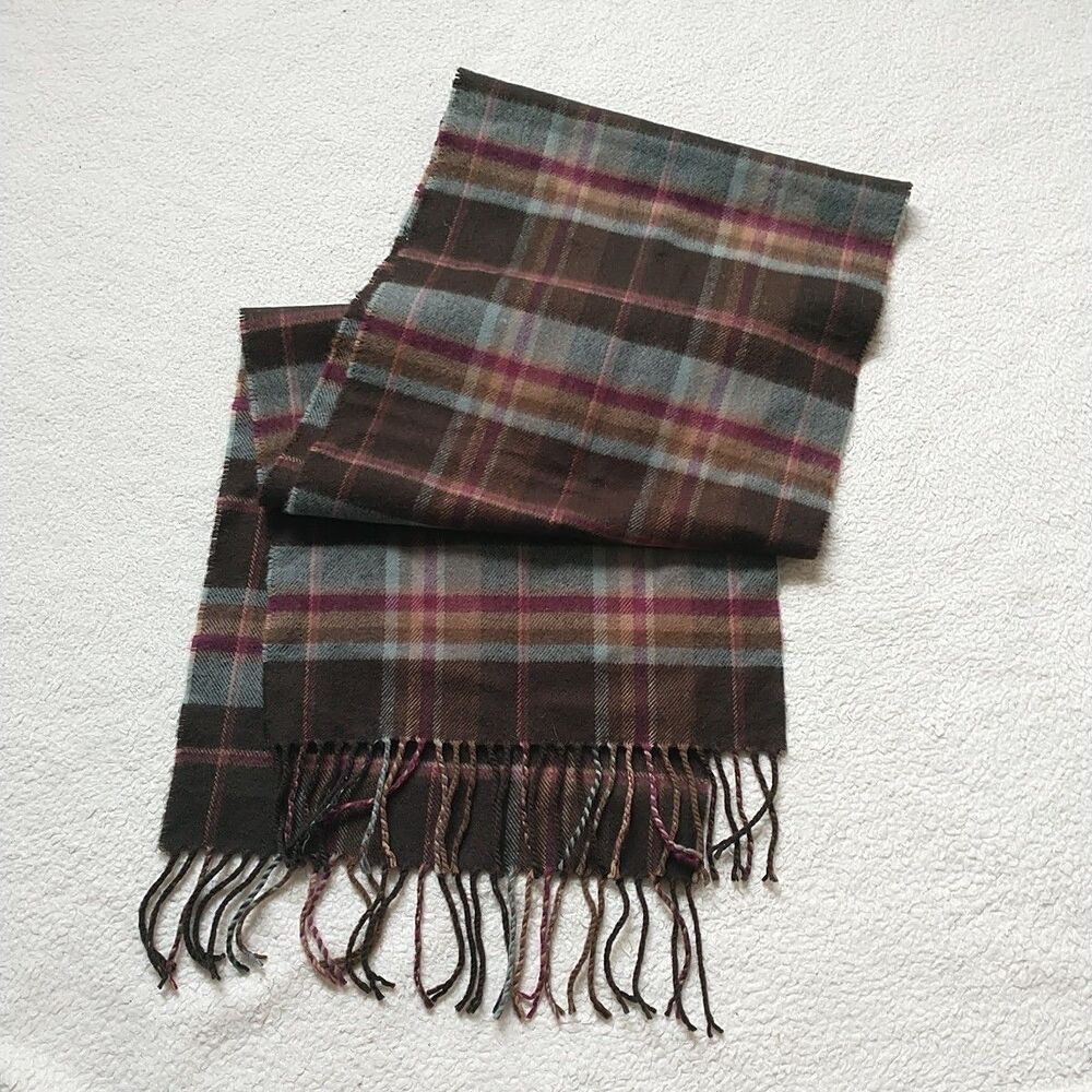 100% Cashmere Scarf Hand Tailored Brown Blue Plaid Fringe Rectangle  Germany 63" - Picture 7 of 7